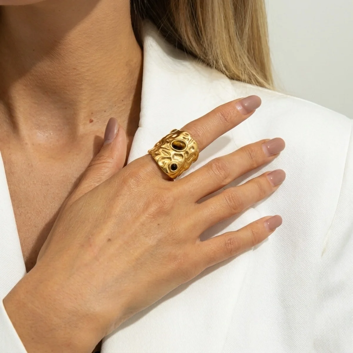 Retro-Ringe mit unregelmäßigem Lava- und Tigerauge-Stein für Damen und Herren, Edelstahl, geometrische Textur, Fingerring, ästhetischer Schmuck – Detail 17