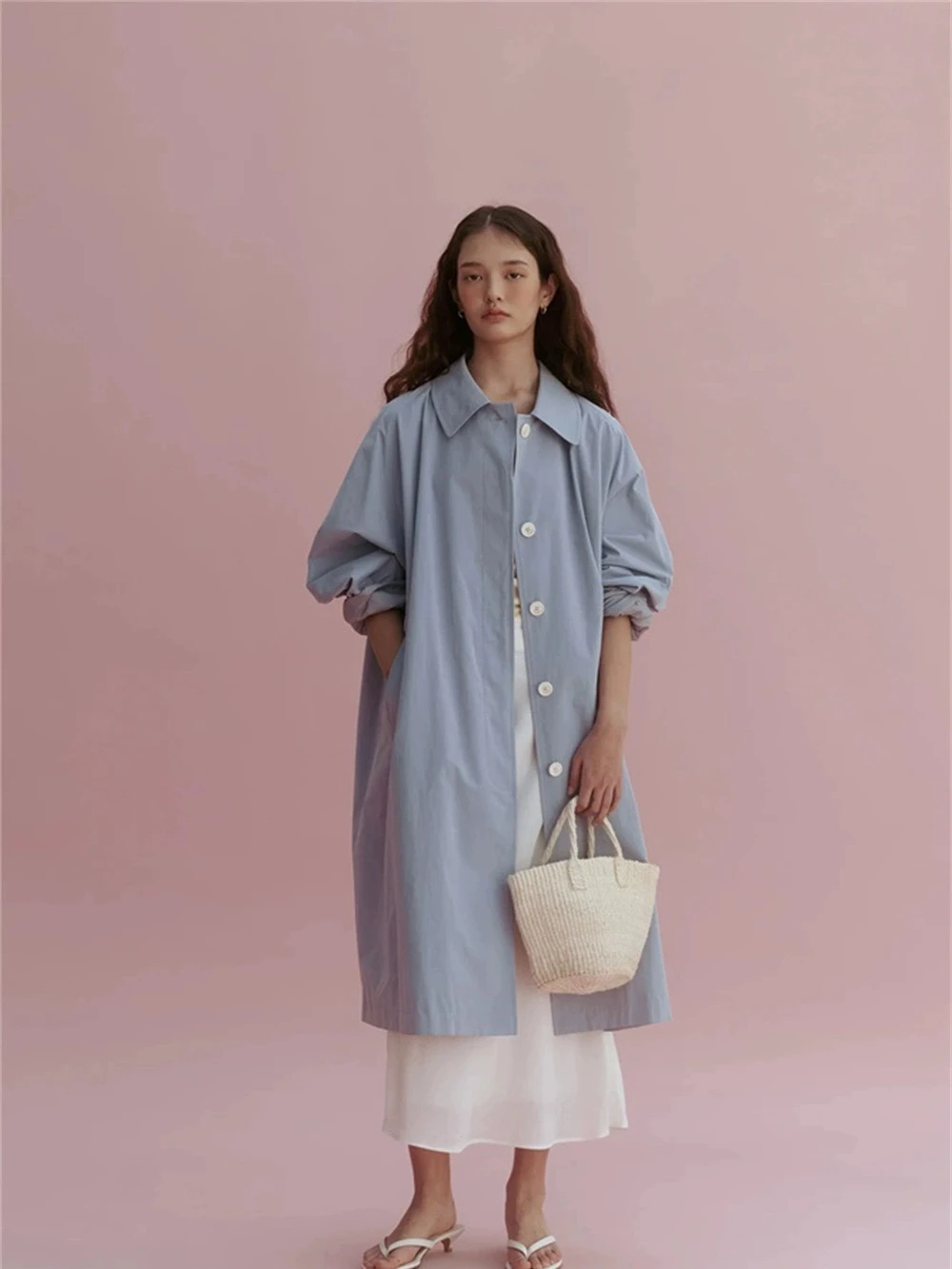   เสื้อกันลมคอปกพับได้กระดุมเดี่ยวสีน้ำเงินทรงยาวบางเฉียบ Jaet PREON Work Refreing Outerwear Spring Summer Lightweight