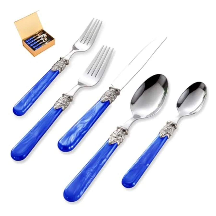 

20 pieces 18/10 Stainless Steel Silverware Sets With Deep Blue HandleVintage Cutlery Sets Sliverware set Service for 4 Dishware