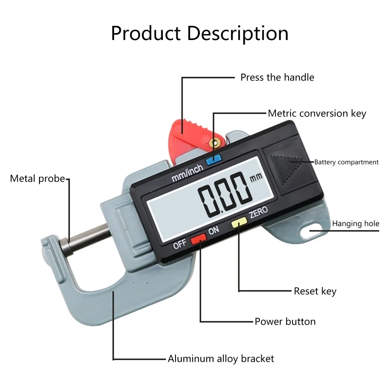 Compact Thickness Gauge Thickness Measurement 0-12.7mm Thickness Gauge Caliper Meter Measure Tool Metric/Inches Convert