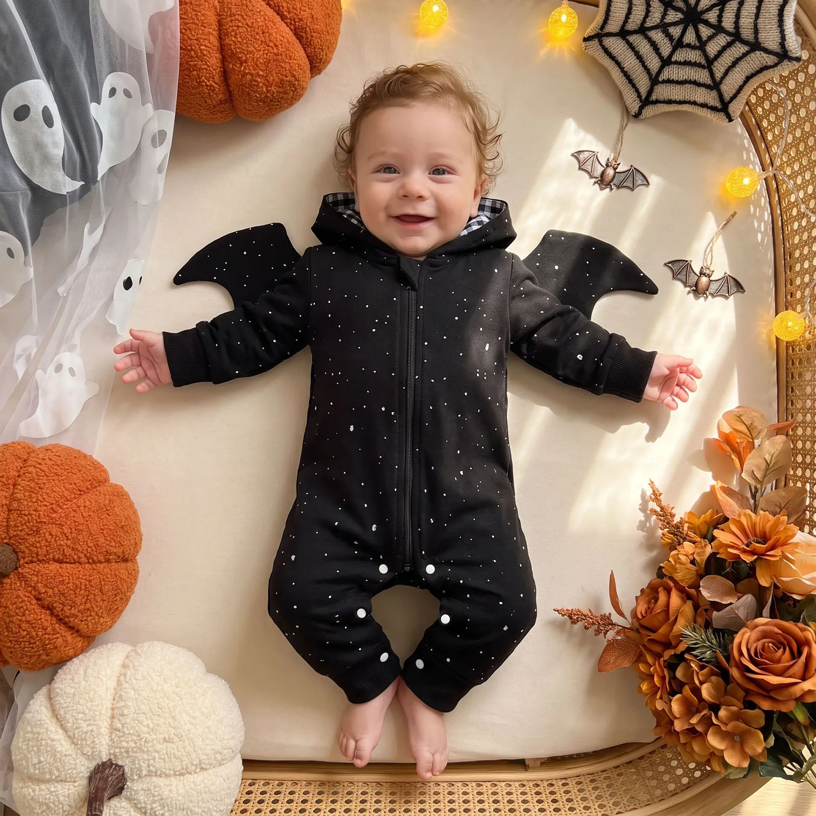 Halloween Newborn Baby Black Bat Costume Cosplay Infant Party Hooded Jumpsuits Children Long Sleeve Zip Up Hooded Romper
