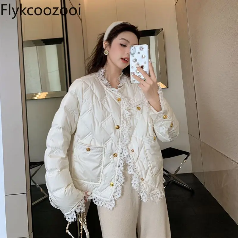 Winter New Small Casual Down Jacket Women's Fashion Loose Korean Lace Edge Design Sense Short White Duck Winter Coat Women