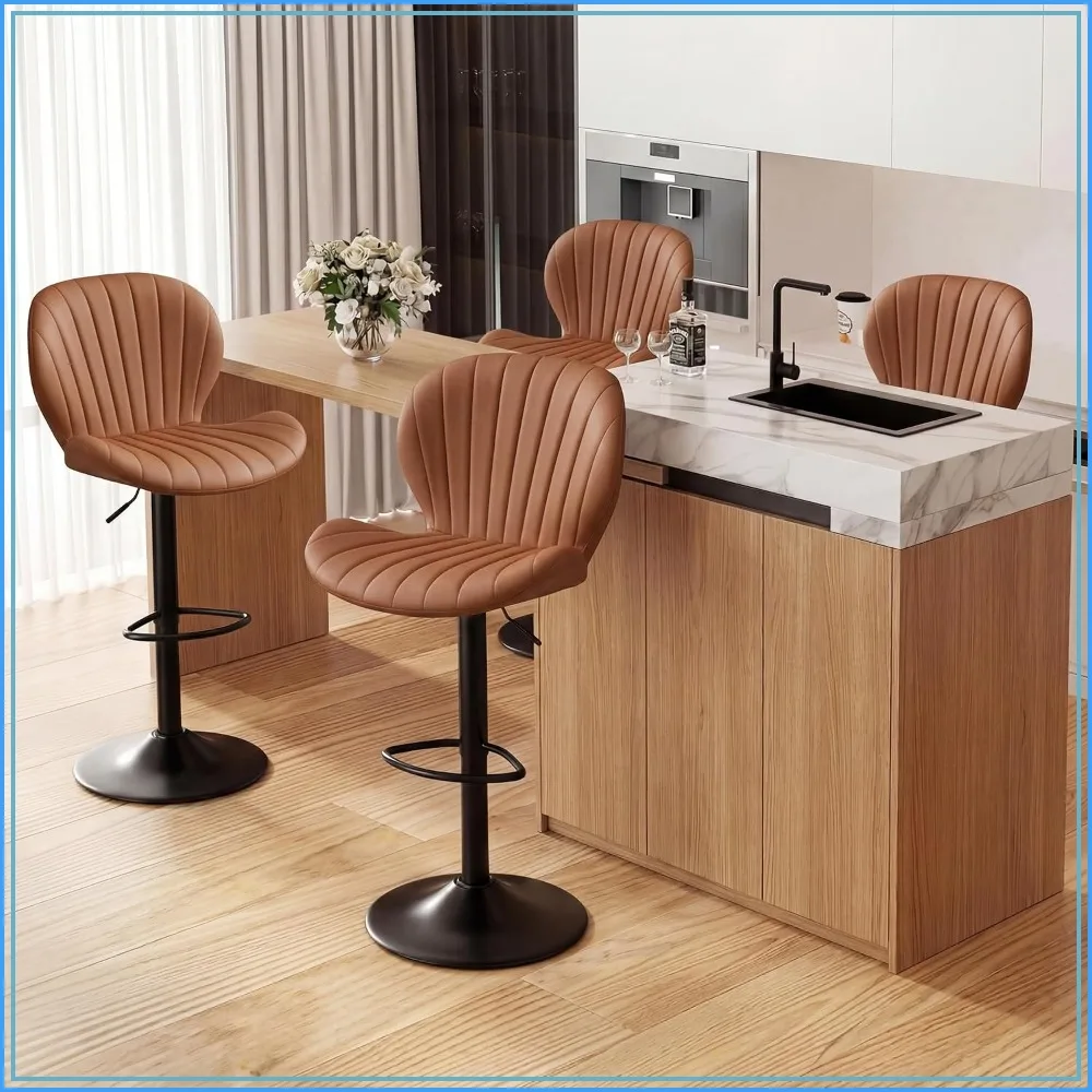 Bar Stools Set of 4 Swivel Adjustable Counter Height Faux Leather with Backrest Brown
