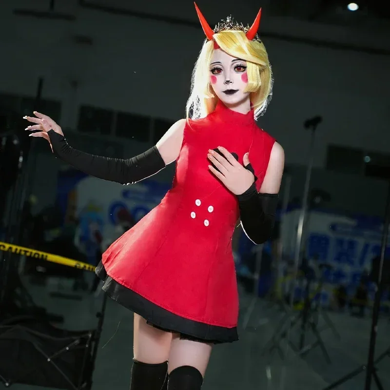 Anime Hazbin para fanáticos del juego Hotel Charlie Cosplay disfraz de Halloween mujeres adultas vestido rojo de cuello alto falda diaria Sexy sin mangas