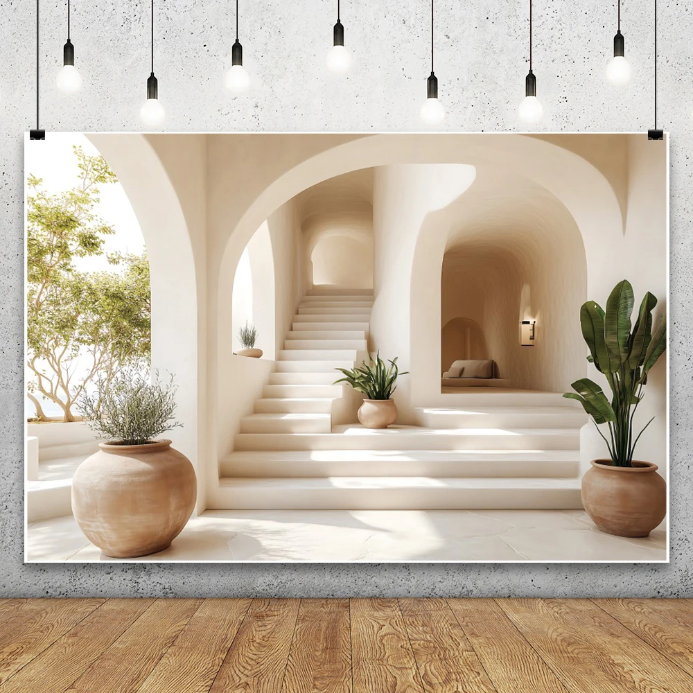 Modern Villa Staircase Photography Backdrops Cave Style Potted Plants Kids Family Holiday Resting Area Portrait Photo Background