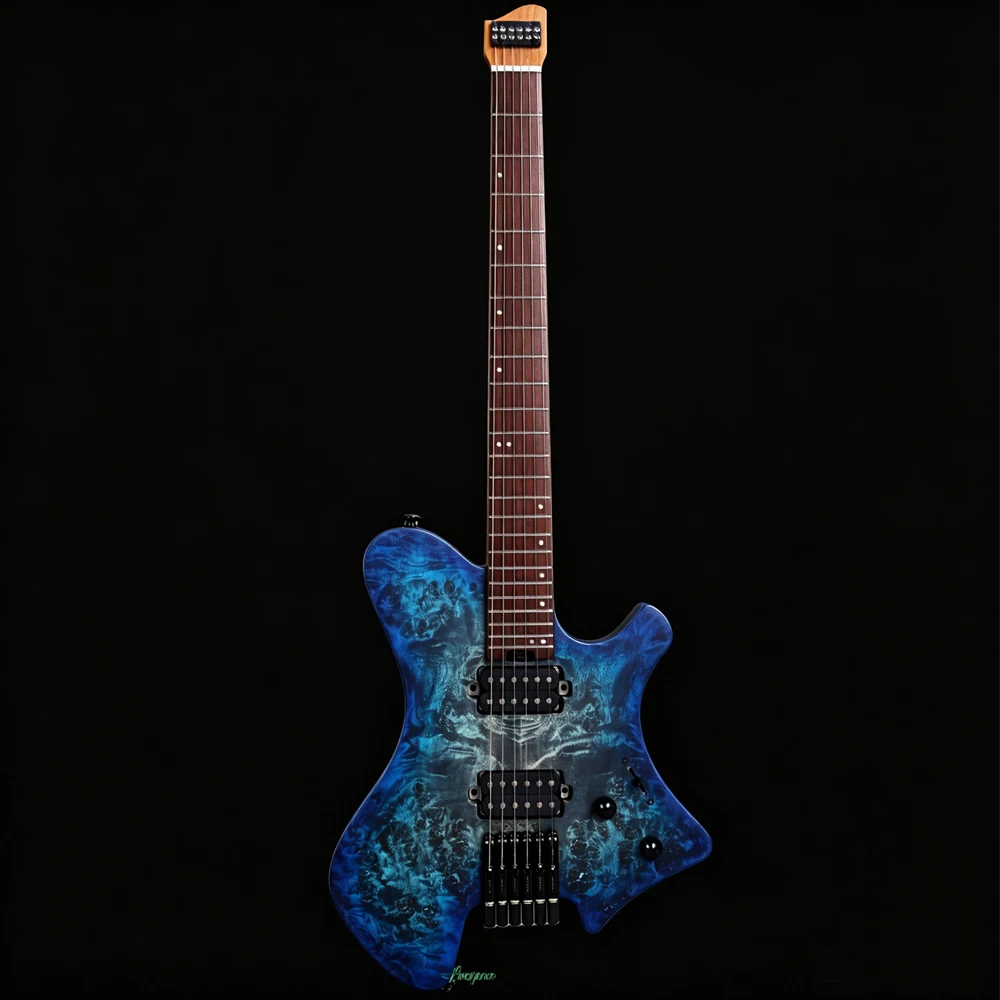 6 String Headless Electric Guitar with Blue Burl Maple Top Roasted Ash Body Guitarra, 24 Frets Stainless Steel Frets