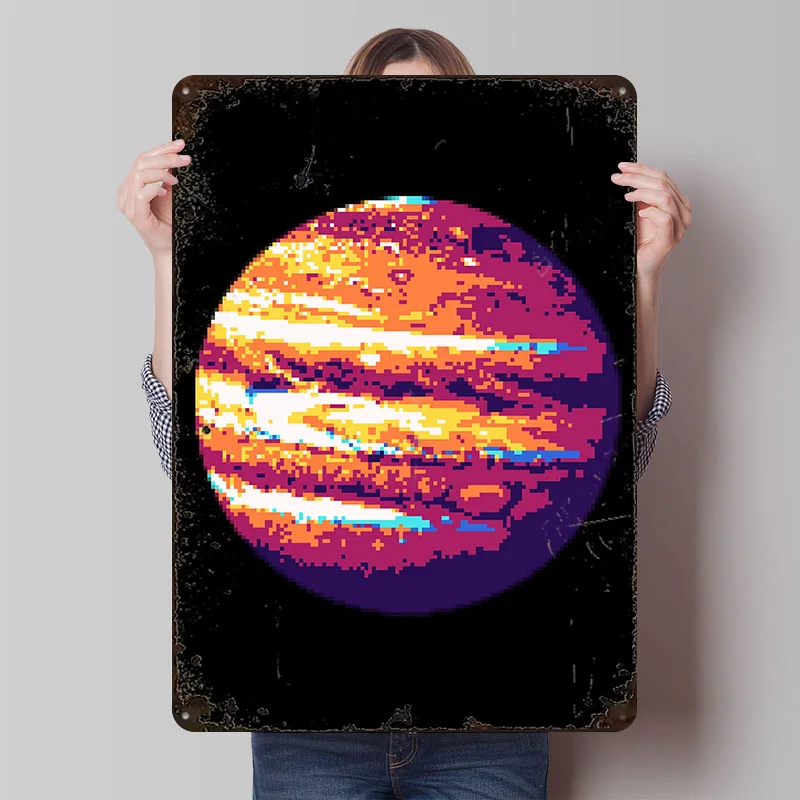 Pixelated Planet Jupiter in Space Tinplate Poster Customized Wall Art Vintage Metal Signs Retro Plates for Decoration Bedroom