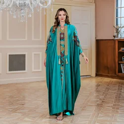 Eid Muslim Abayas for Women Party 2 Piece Set Embroidery Cardigan Robe Lace Up Dress Morocco Kaftan Islam Ramadan Dubai Vestidos