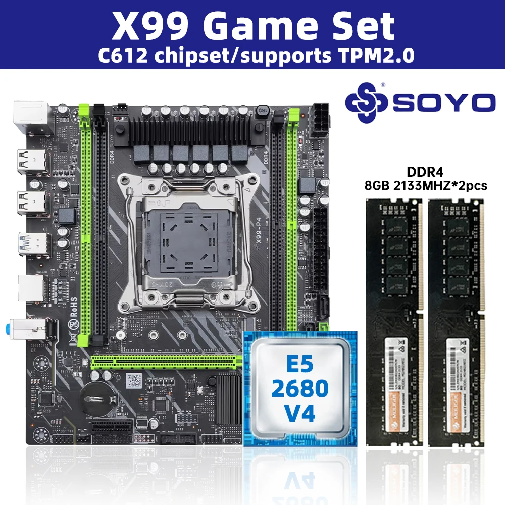 Kit de placa base SOYO White X99 con CPU E5-2680 V4 y DDR 2133MHZ 8GB * 2 = 8GB RAM LGA2011-3 C612 Chipset de doble canal DDR4 M.2