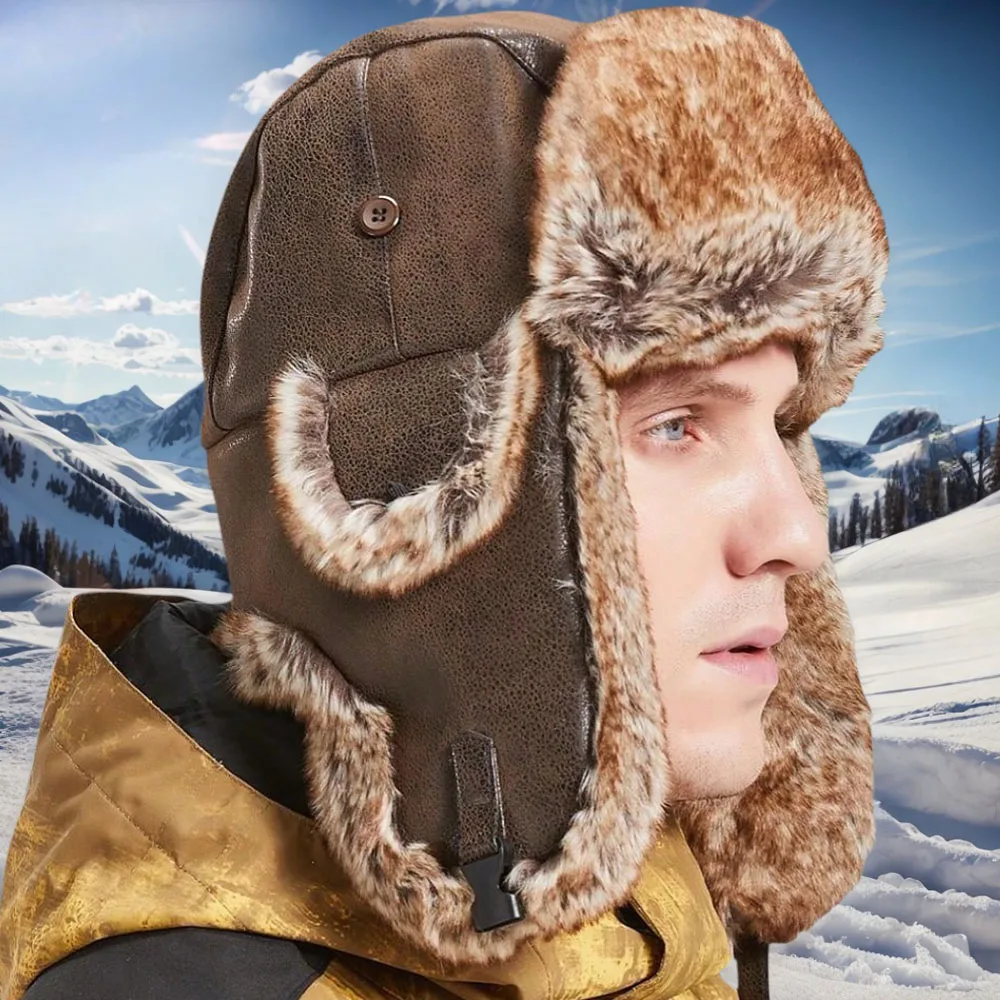 

1 Piece Men Women Winter Bomber Hats Russian Ushanka Hat with Ear Flap Pu Leather Faux Fur Trapper Cap Snow Hunting Skiing Cap