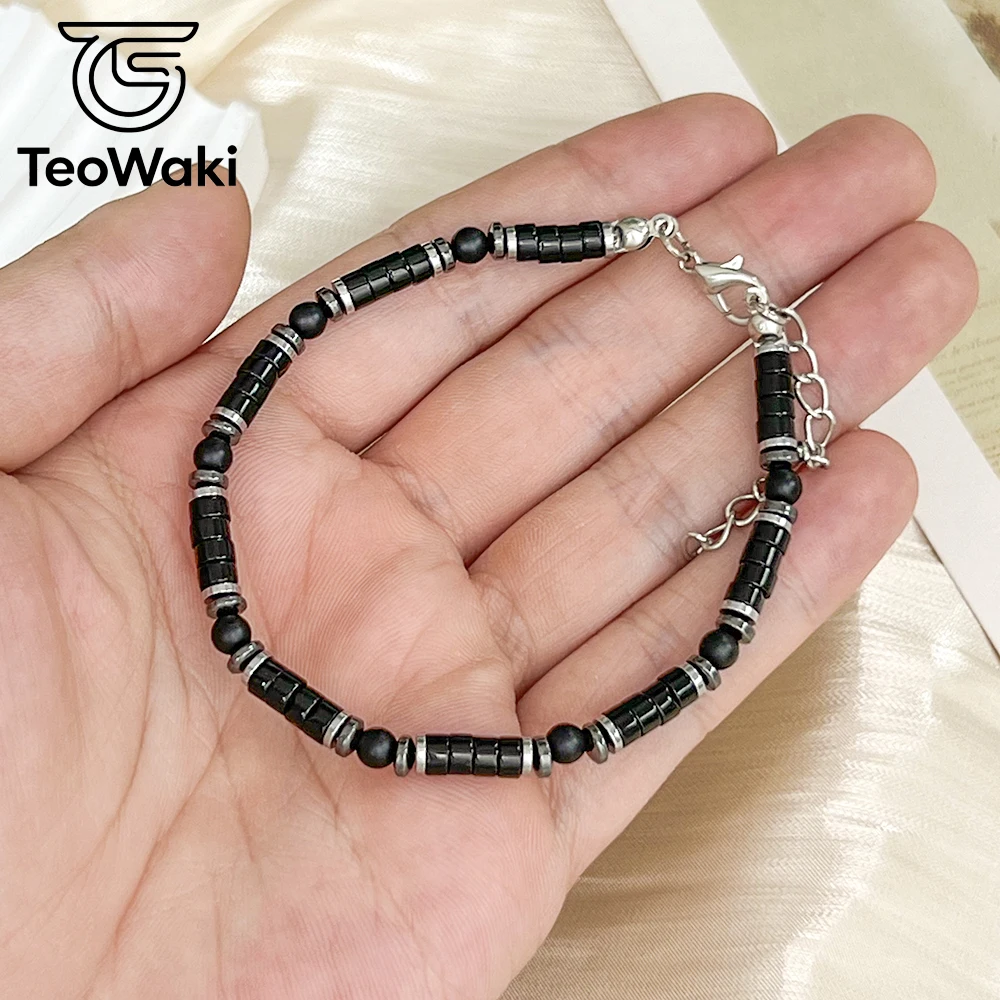 TeoWaki Natural Black Agate Wafer Beads Bracelet Adjustable Length Hematite Spacers Holiday Gift For Colleagues Family 17+5cm