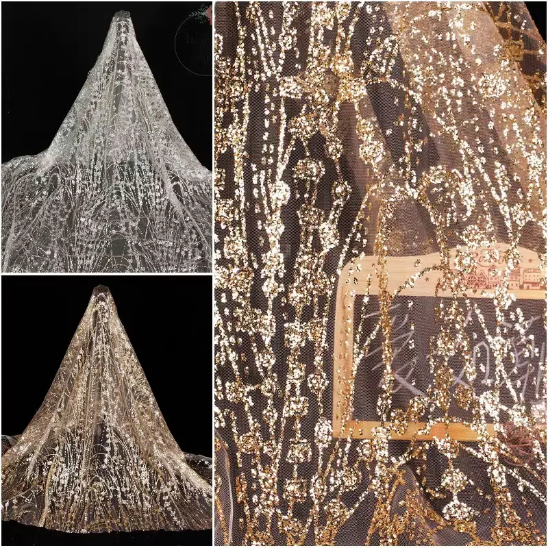 Gold silver sequin mesh wedding background wrought iron table dress wedding dress fabric designer fabric hot stamping cloth