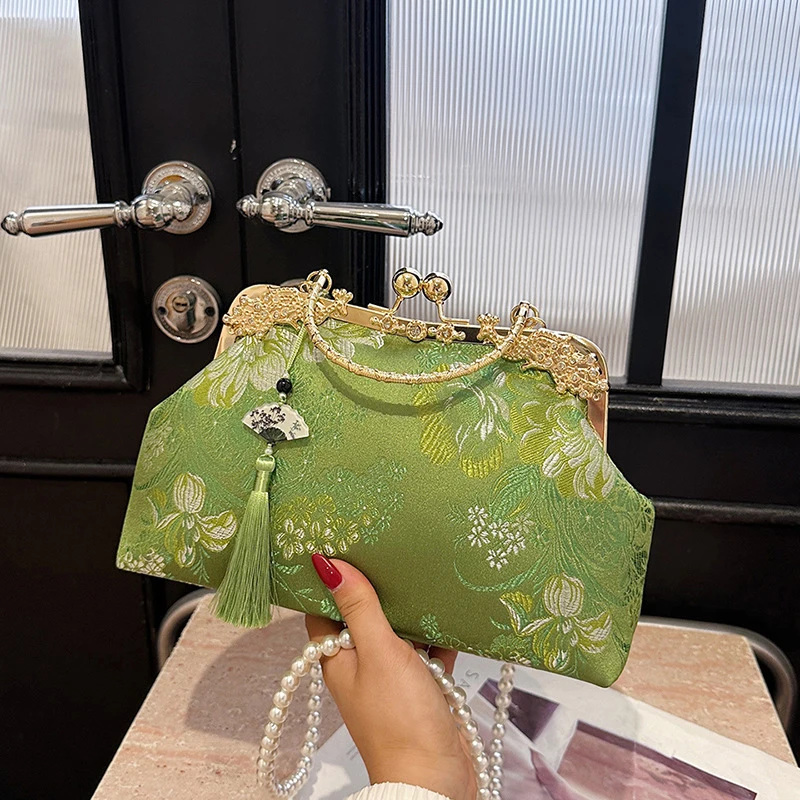 

Сумка-ракушка с вышивкой в китайском стиле и кисточкой из бисера, сумка через плечо ручной работы для свадебной вечеринки, вечерний клатч