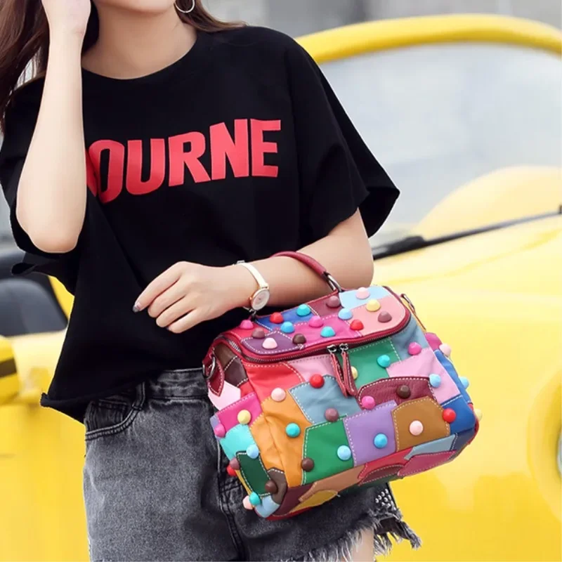 Women's Message Bag Soft Leather Girls Patchwork Multicolor Street Travel Shoulder Bags