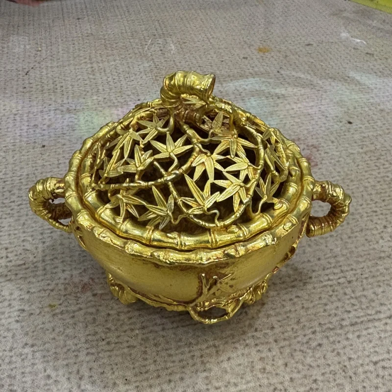 Gilt bamboo burner with three legs, vintage indoor decoration, home decor accessory