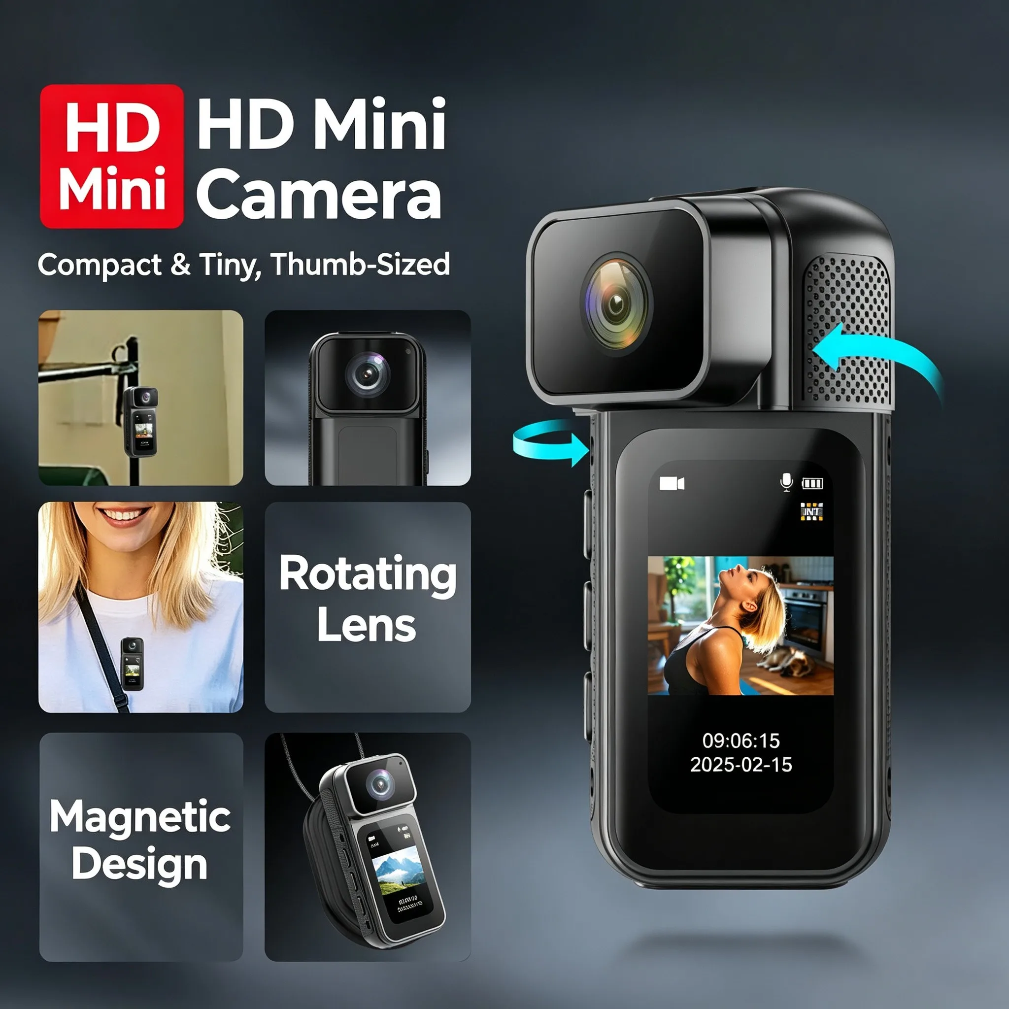 HD MINI Thumb Action 180°Rotatable Lens WIFI Camera With Magnetic Base Family Entertainment Records Pet's First-Person View NEW