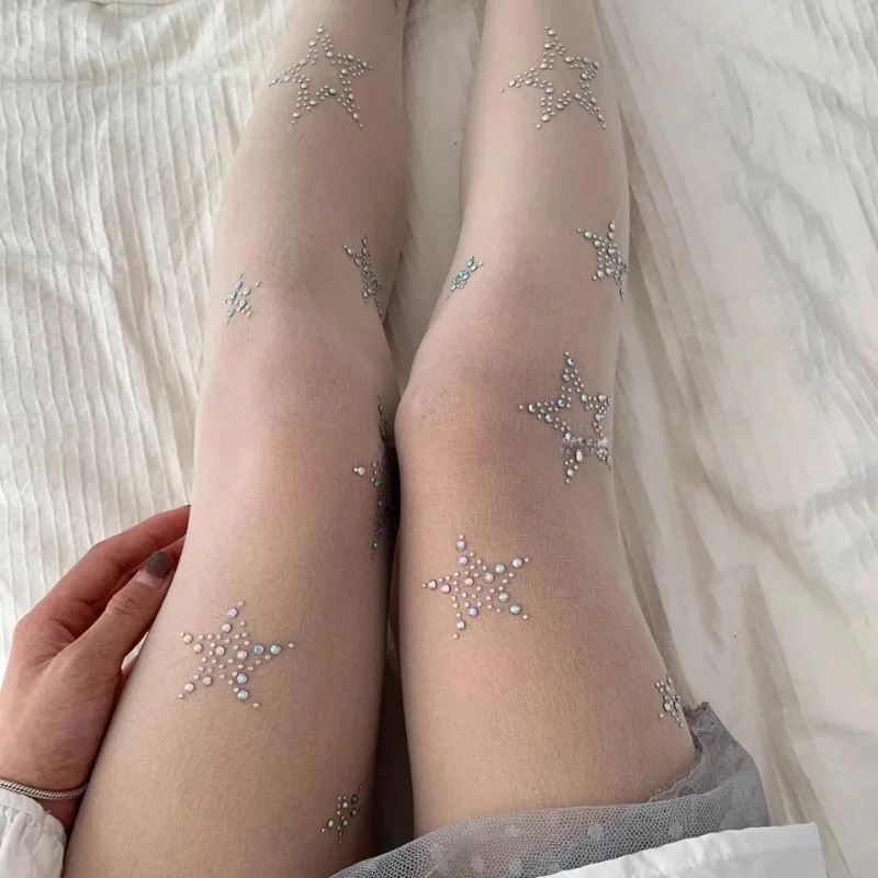 Cute Women Tights Silver Star Print Pantyhose Women Girl Japanese Mesh Transparent Pantyhose Bow Star Tights Stockings JK Lolita