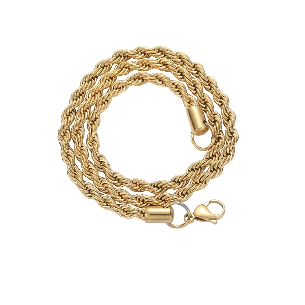 2024 Drop Shipping Wholesale Long Gold Color Women Man Necklace 5mm 16,18,20,22,24,30 Inch Twist Rope Chain  Hip Hop Jewelry