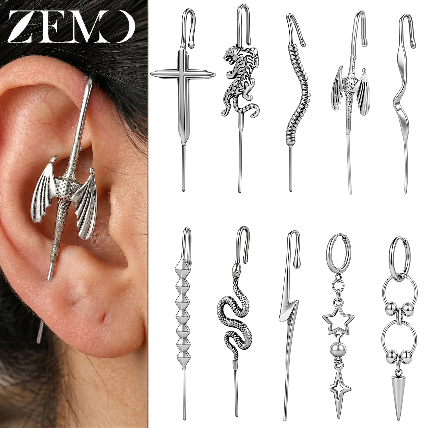 ZEMO 1Piece Hook Earrings Surgical Steel Cross Snake Tiger Needle Earring Surround Auricle Diagonal Ear Studs Cartilage Piercing
