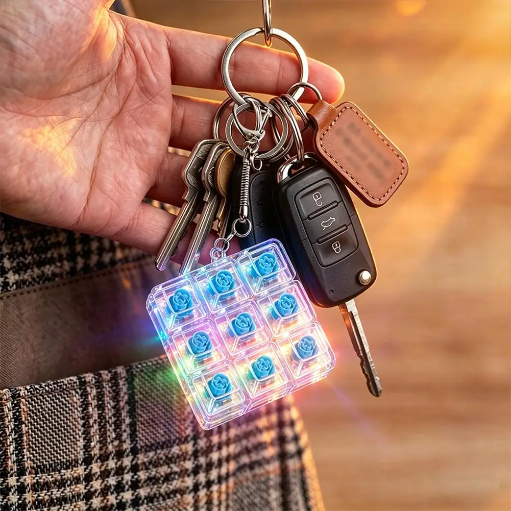 9 Key Fidget Keyboard Toy Transparent Keychain Clicky Button Stress Relief Finger Press Toy with LED Light
