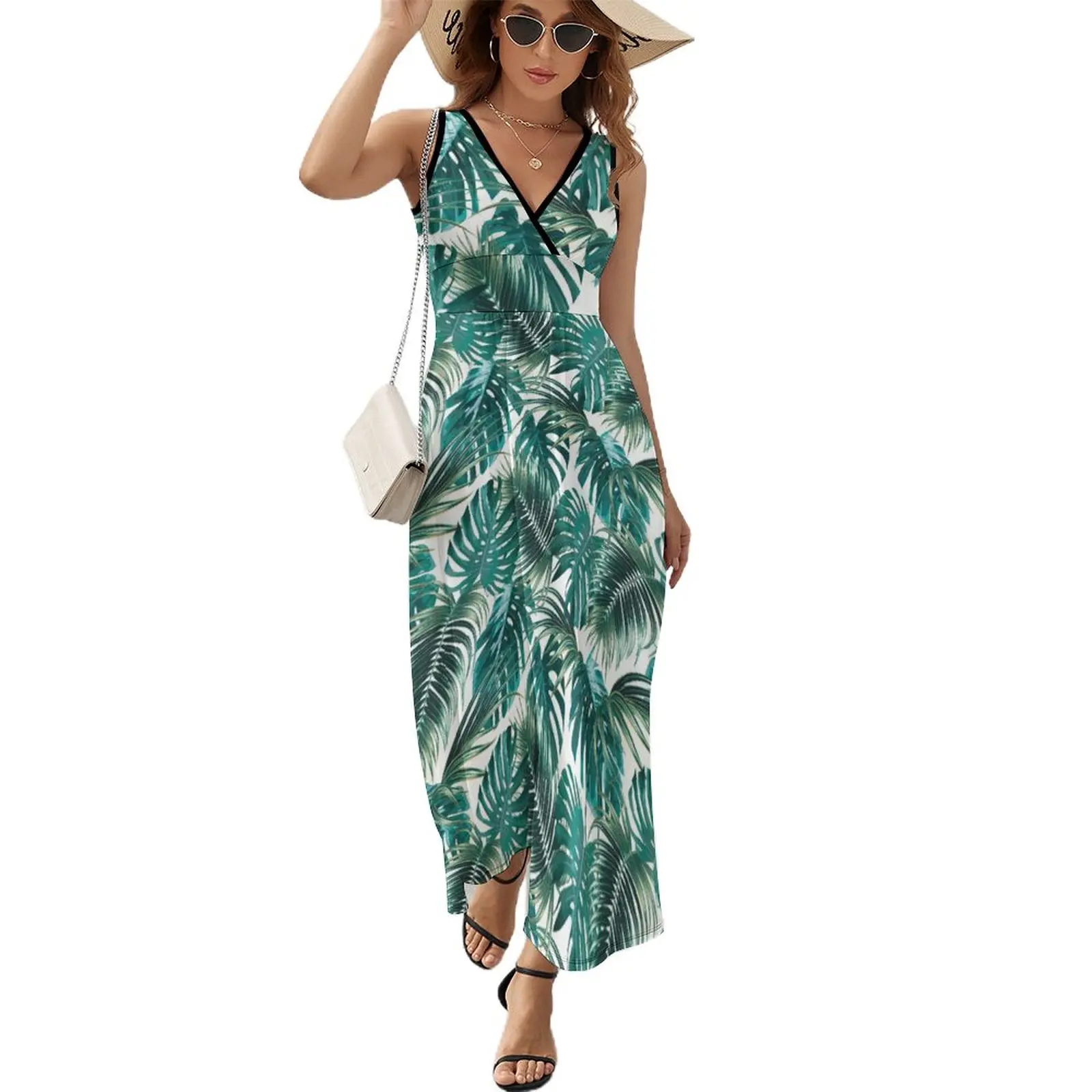 

Palm Leaf And Monstera Dress FemaleVintage Maxi Dress V Neck High Waist Street Fashion Graphic Bohemia Long Dresses