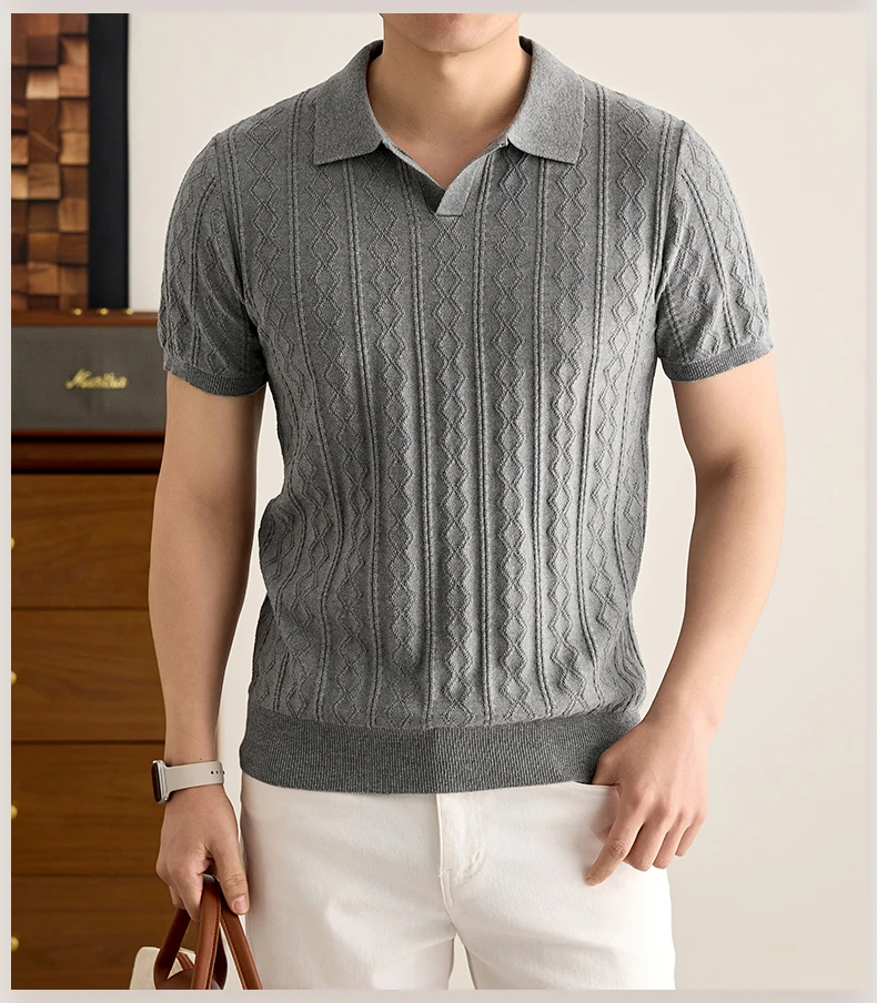 Luxuriöses, gestricktes 100% Baumwoll-Poloshirt für Herren, kurzärmelig, neu, Jacquard, weich, atmungsaktiv, modisch, hochwertig, einfarbig, lässiges T-Shirt. – Detail 4
