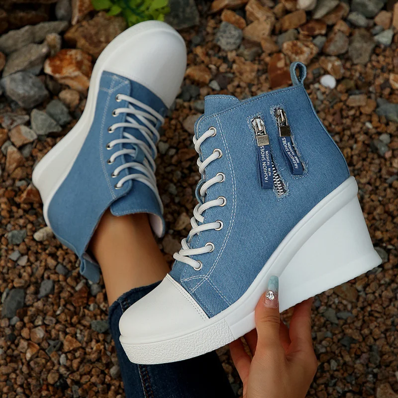 

2025 Spring and Summer New Denim Thick Sole Increased Canvas Women's Shoes High-Top Lace-up Sneakers