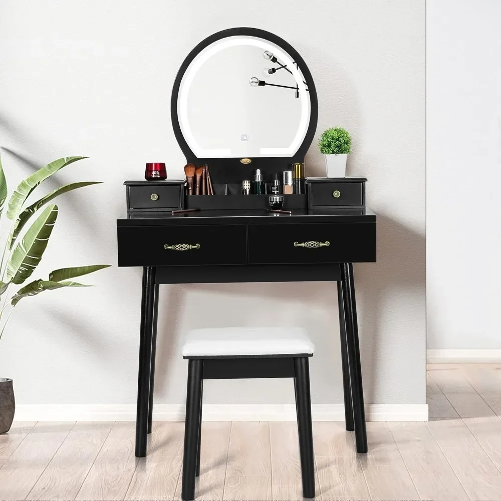 Dresser set with tri-colour dimmable mirrors, upholstered stool, black, dresser with drawers