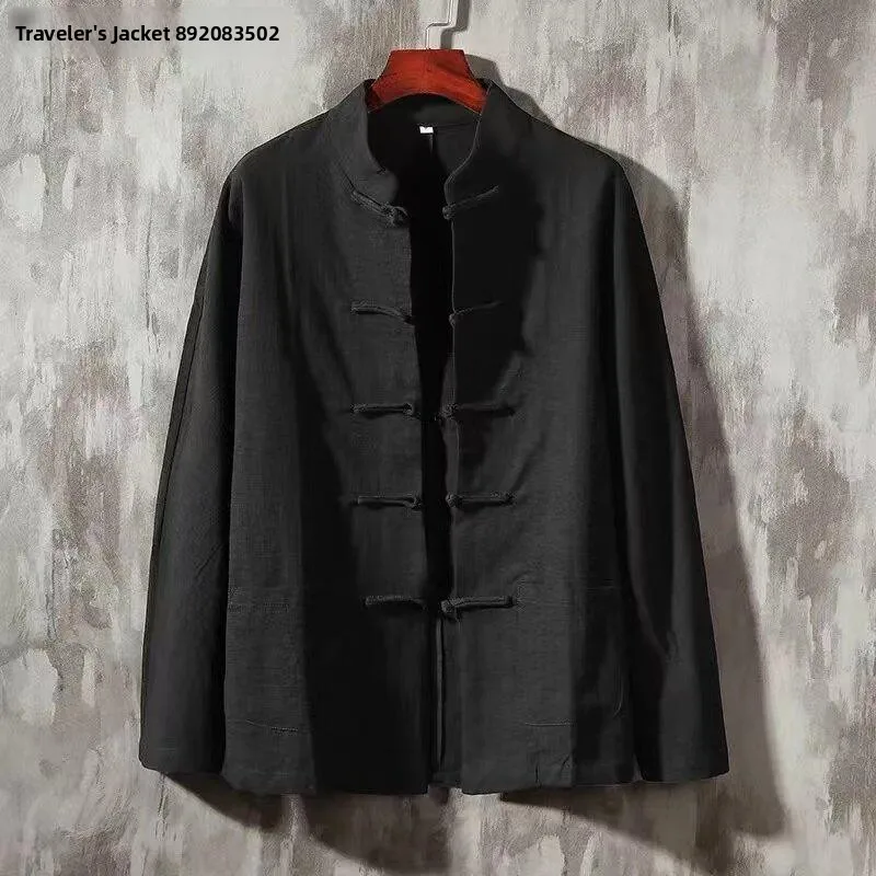 

New Chinese Style Men's Long Sleeve Cotton Linen Shirt Summer Thin Loose Handsome Style Shirt Coat Travel Inner Wear Casual