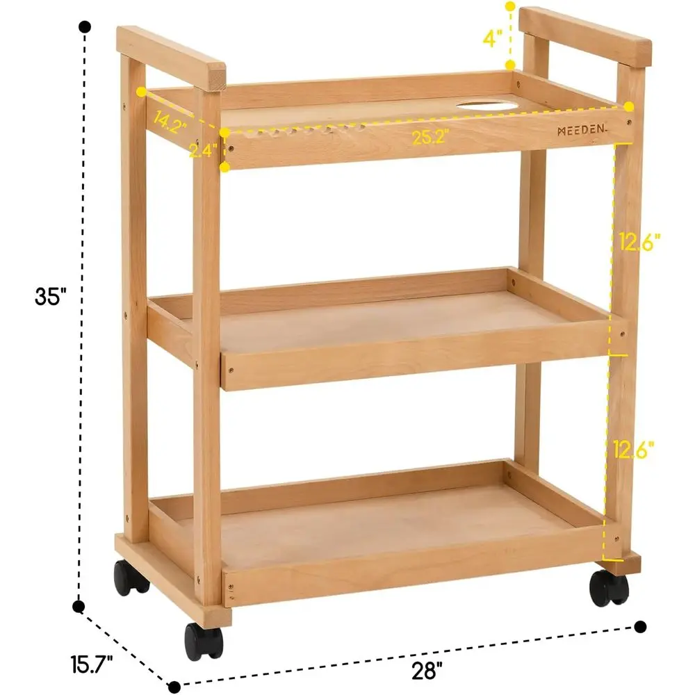 3-poziomowy wózek na kółkach z drewna bukowego do przechowywania materiałów plastycznych, uniwersalny wózek studyjny na artykuły szkolne