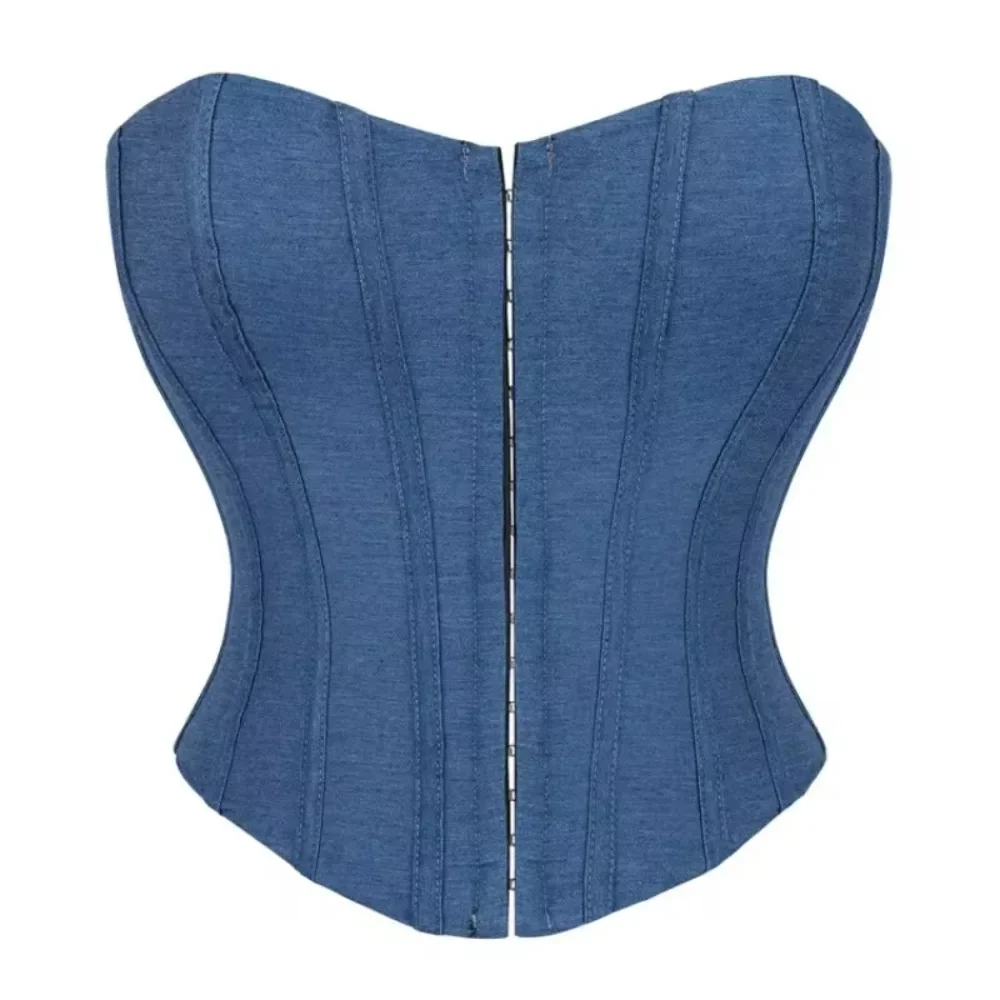 

Fashion Denim Corset Crop Tops Female Underwear Backless Body Shaper Short Torso Bustier Vest Blue