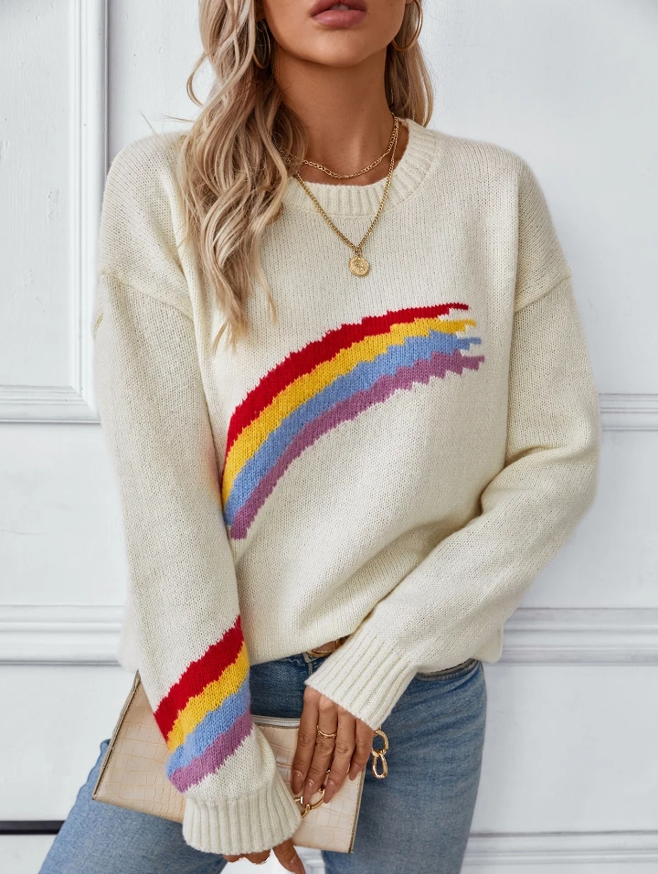 

Women's Street Trendy Hoodie Sweater 2025 Autumn Winter Latest Fashion Rainbow Stripe Jacquard Knitwear Loose Fit Long Sleevetop