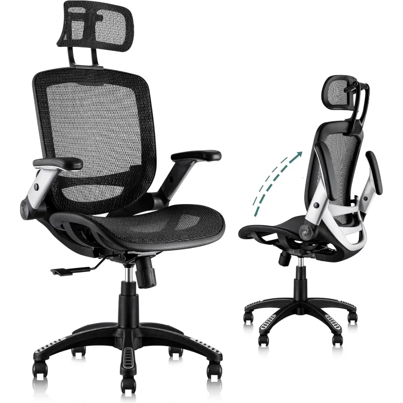 Ergonomic Office Chair, High Back Home Desk Chair with Headrest, Flip-Up Arms, 90-120° Tilt Lock and Wide Cushion