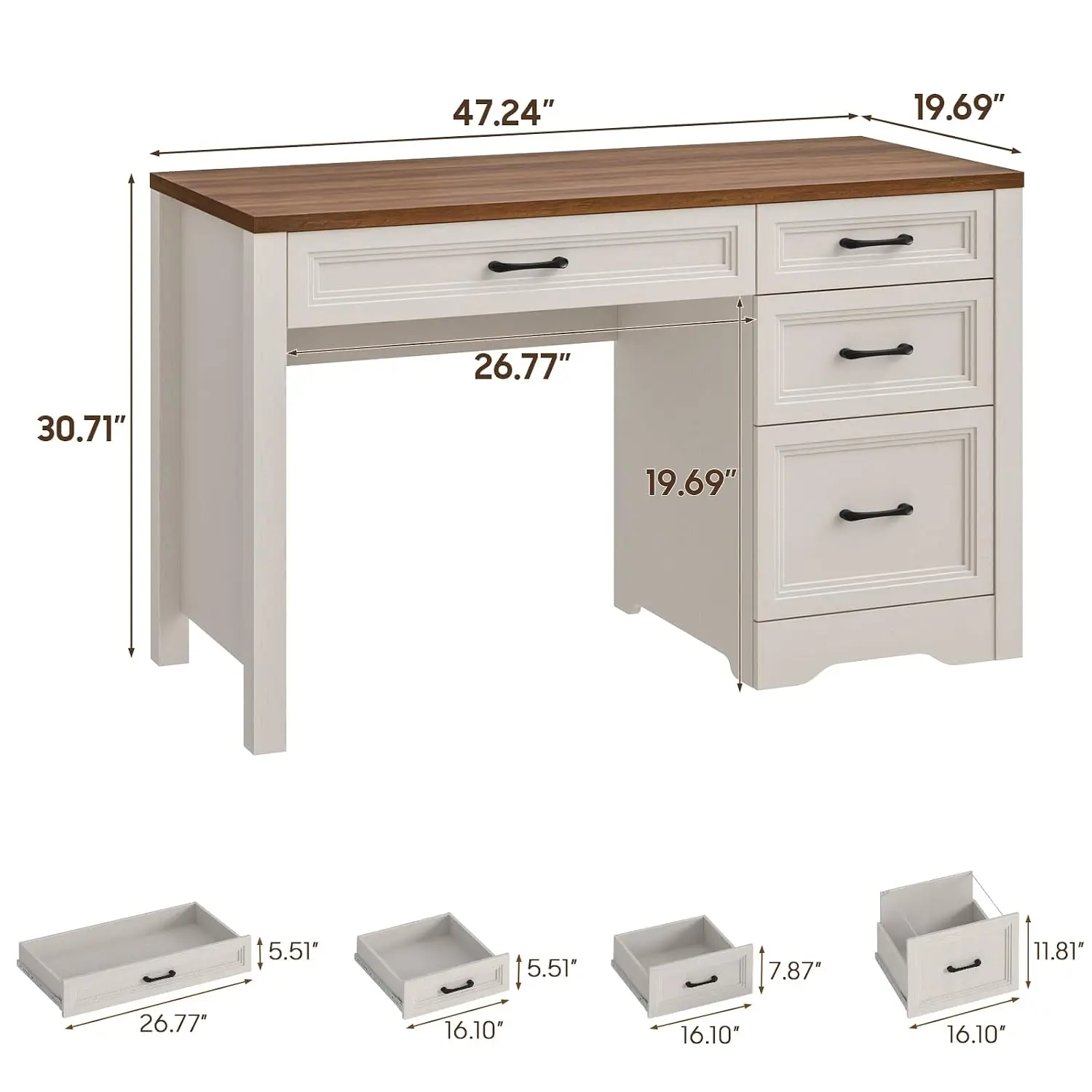 Farmhouse Executive Desk with Storage and Ample File Drawer, Rustic Large Home Writing Desk for Bedroom, White, Customized