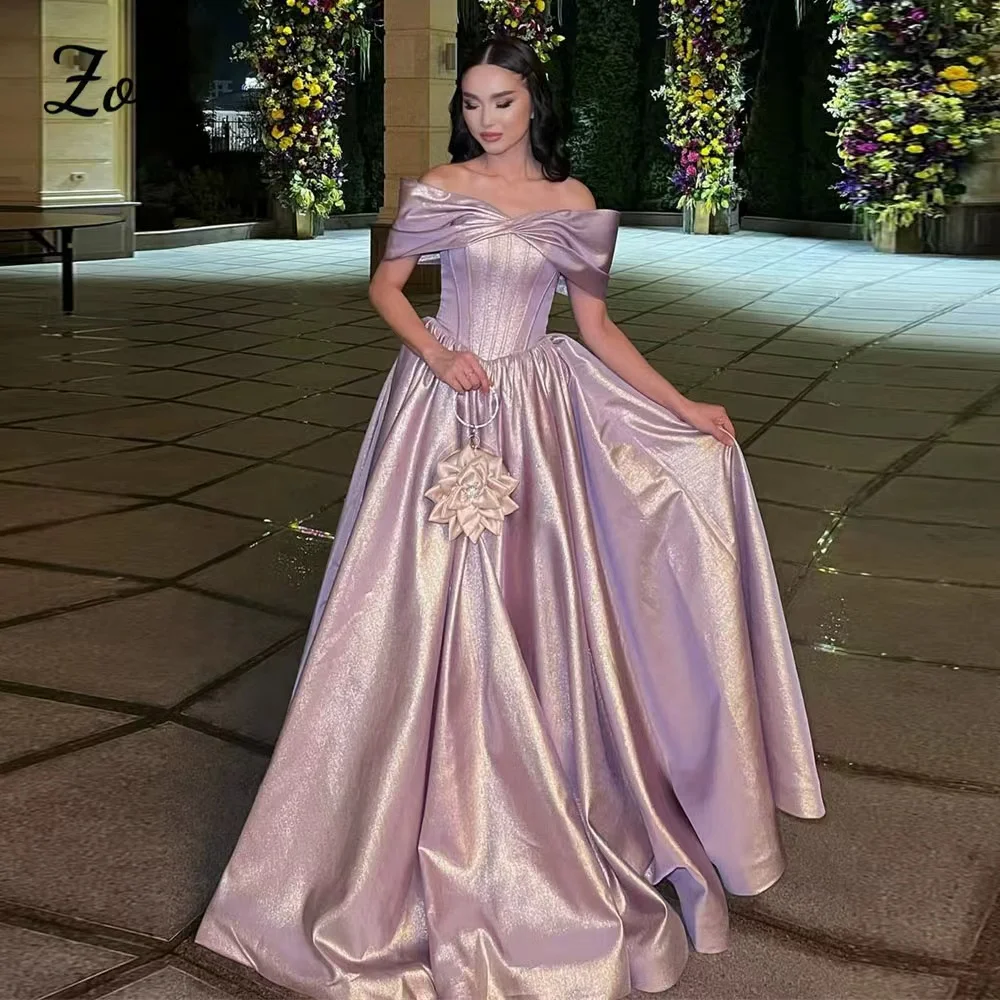 

Zoci Long A Line Pink Prom Dresses Vestidos De Fiestas Elegant Off Shoulder Satin Evening Dress Backless Party Gowns Customized