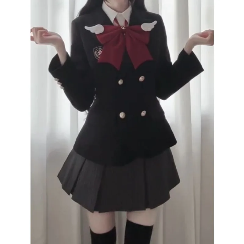 Autumn Sweet Preppy Style Jk 2 Piece Set Women Bow Black Coat Fashion Mini Pleated Skirt Japanese Retro 90s Slim Suits