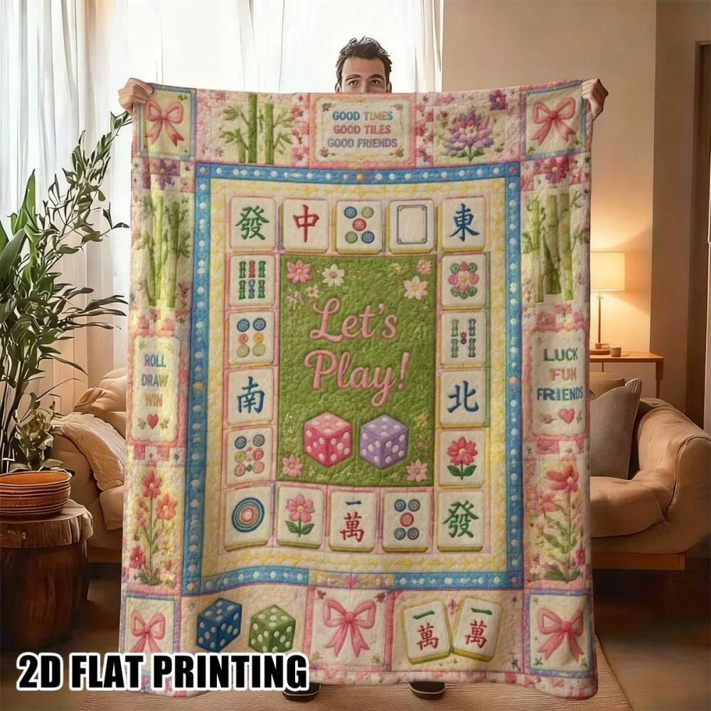 Mahjong Tile Patchwork Print Fleece Blanket Ultra‑Soft Warm Lightweight Throw Blanket for Sofa Couch Bed Home Living Room