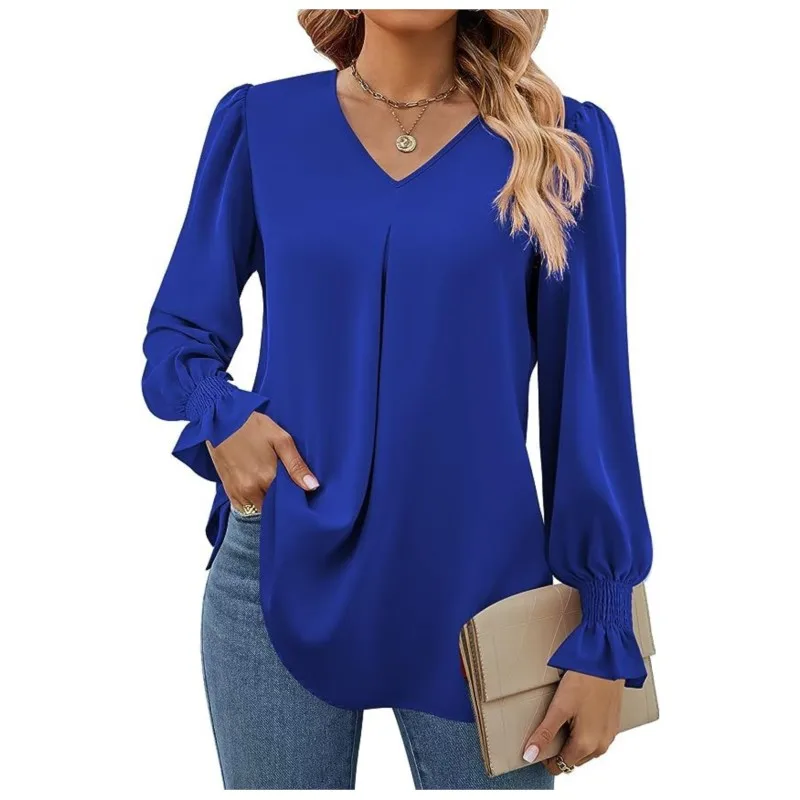 Women\'s New Solid Color Chiffon Shirt V-neck Pullover Flared Long Sleeved Shirt Pleated Orange Comfortable Casual Versatile Top