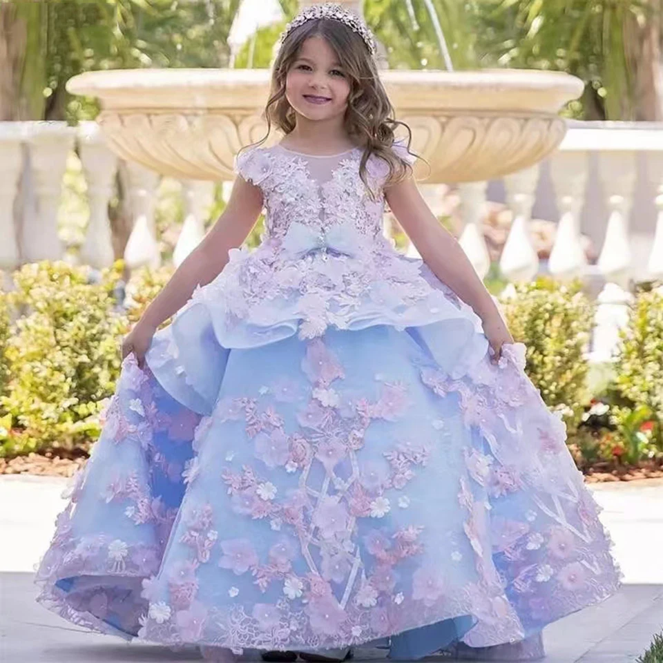

Luxury Blue Flower Girl Dresses For Wedding Puffy Short Sleeves Party Dress Tulle Appliques Beading Kids Birthday Pageant Gowns