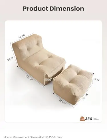 Patio Bean Bag Chair with Ottoman, Outdoor Daybed Sofa with Splash-Proof Fabric, No Assembly Required, Comfy Back