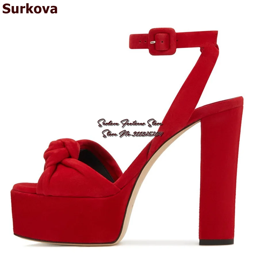 Surkova Mustard Yellow Red Brown Suede Chunky Heel Sandals Butterfly-Knot Platform Dress Shoes Ankle Buckle Strap Pumps