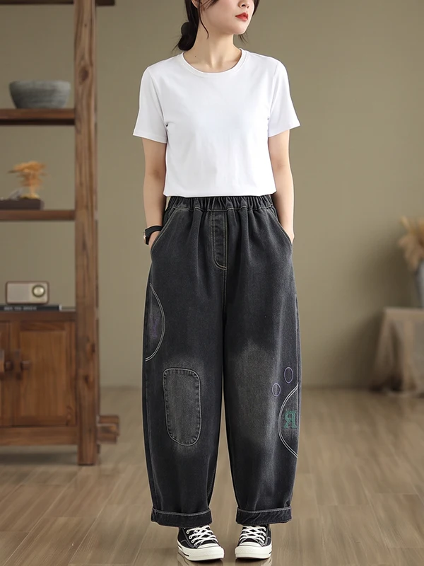 Retro Washed Spliced Denim Jeans Women's Loose Casual Harlan Nine Point Pants Autumn New Style Black Cotton 100% Natural Waist