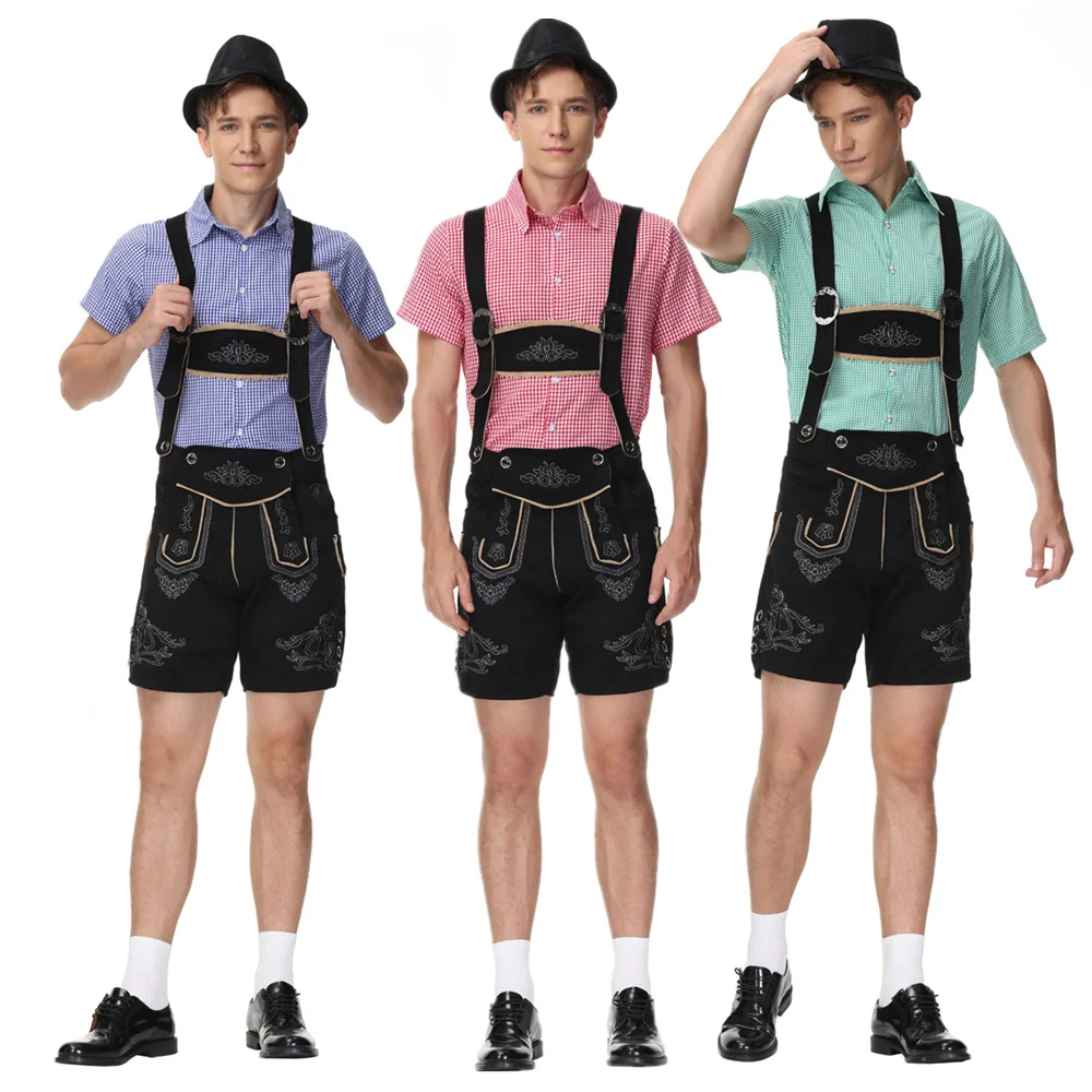 Mannen Kostuum Kleding Volwassenen Oktoberfest Duitse Beierse Shorts Outfit Overalls Shirt Hoed Bretels Shorts Set Halloween M-XL