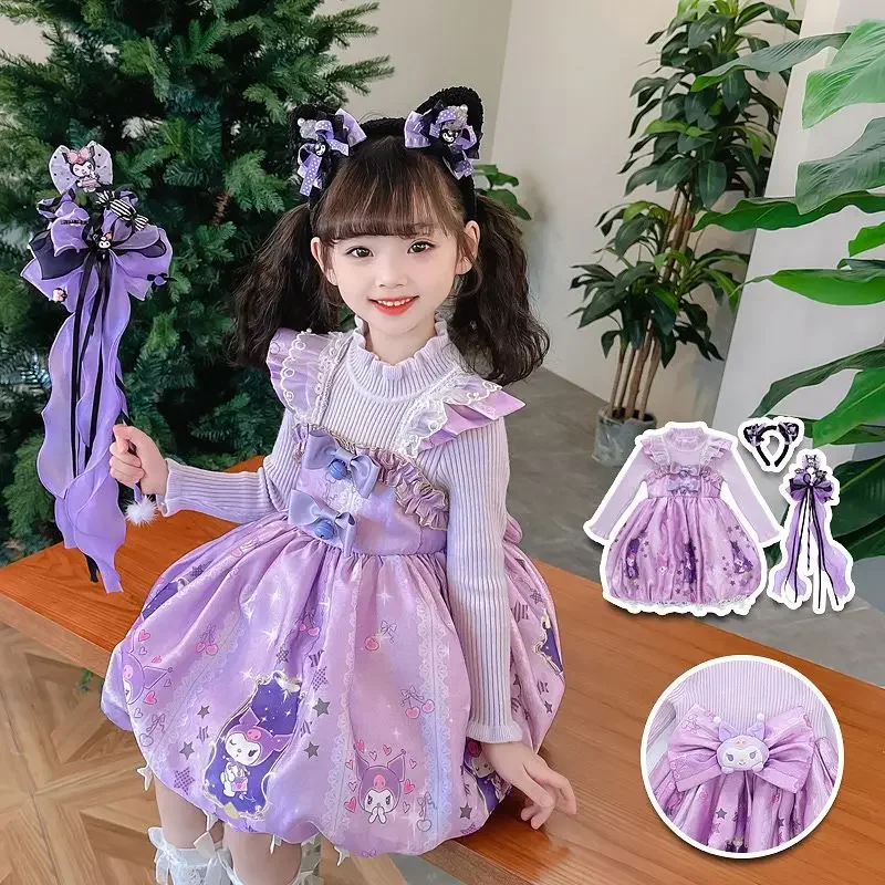 

Sweet Anime Kawaii MINISO Ins Kuromi Long Sleeve Hooded Dress Cute My Melody Princess Skirt Sweater Clothing Gifts for Kids