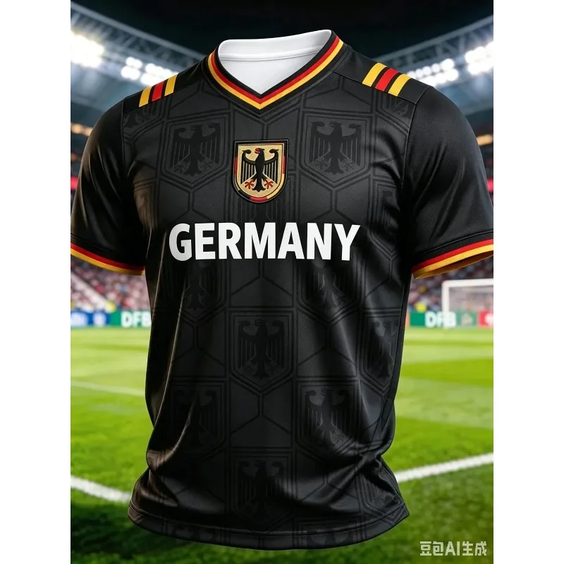 Euro Eagle Pattern 3D Print Soccer Fan Jersey Unisex Black Red Gold Trim Short Sleeve Vintage Football Graphic Casual Sports Tee