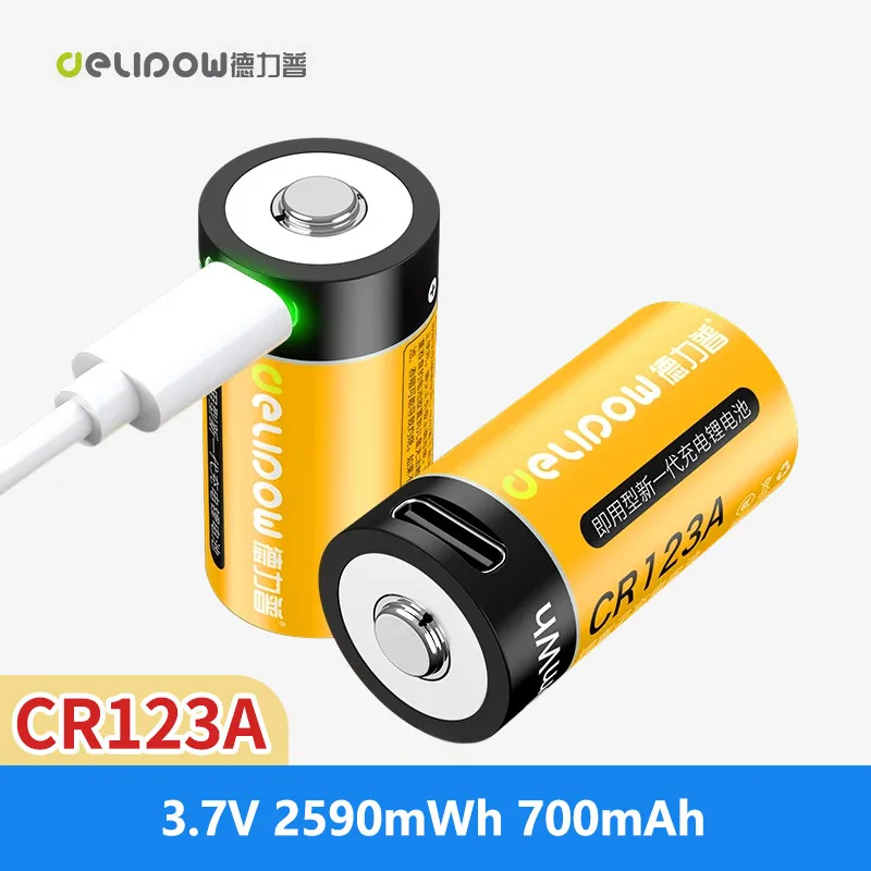 1-8pcs 100% New Original Delipow CR123A USB-Rechargeable Battery （16.5*34mm）3.7V 700mAh USB-Type-C 123A Lithium lon Battery