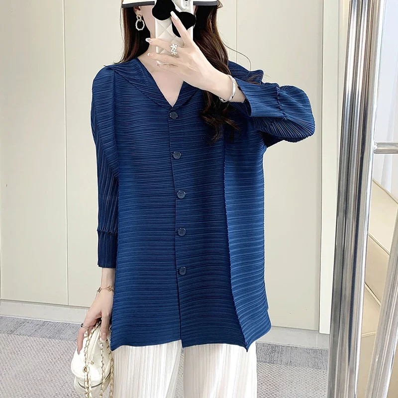 GGHK Women Casual Shirt 2024 Autumn New Solid Color Lapel Long Sleeve Single Breasted Button Design Loose Large Size Tops