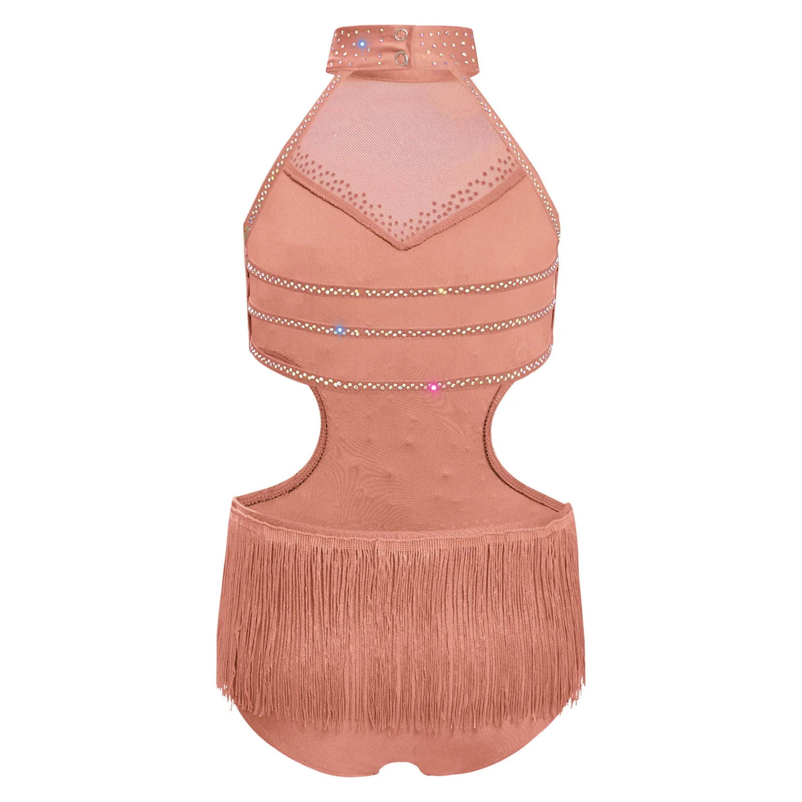 Enfants filles Latin Cha-cha Tango Samba danse justaucorps Costume enfant sans manches découpe dos nu glands strass frangé body