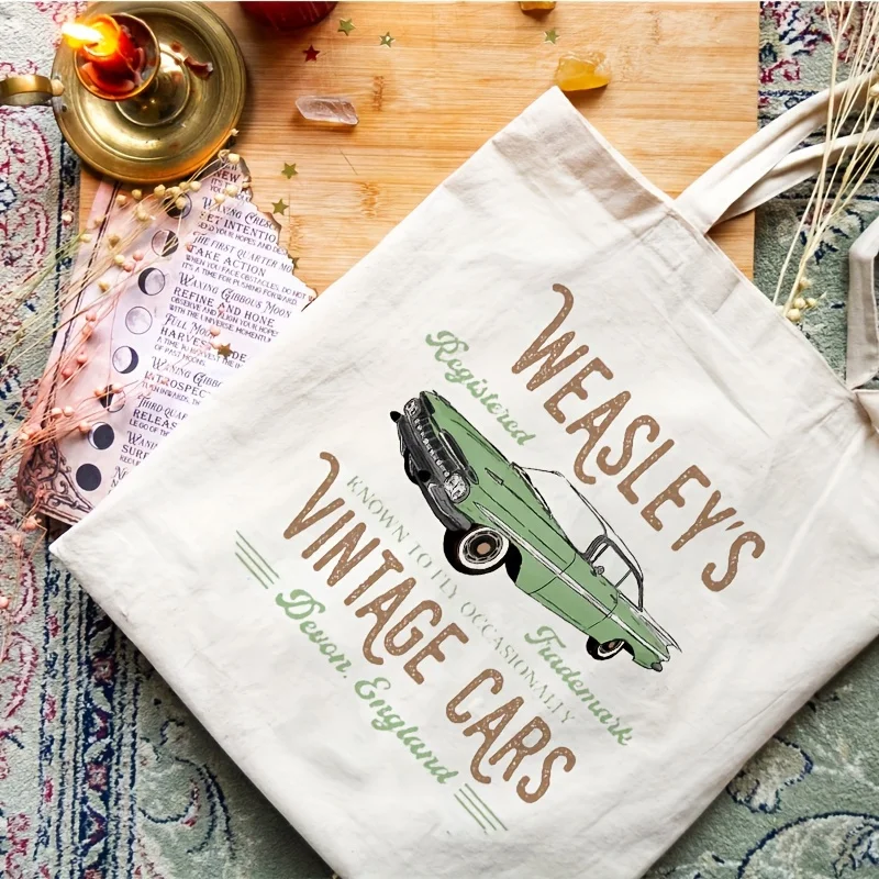 Wizard Flying Car Pattern Tote Bag, Aesthetic Canvas Shoulder Bag, Lightweight Shopping Grocery Bag