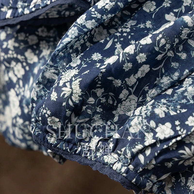 2025 Ramie Retro Literary Floral Lantern Sleeve Stand-up Collar Shirt New Female Long Sleeve Top and Blouse Women